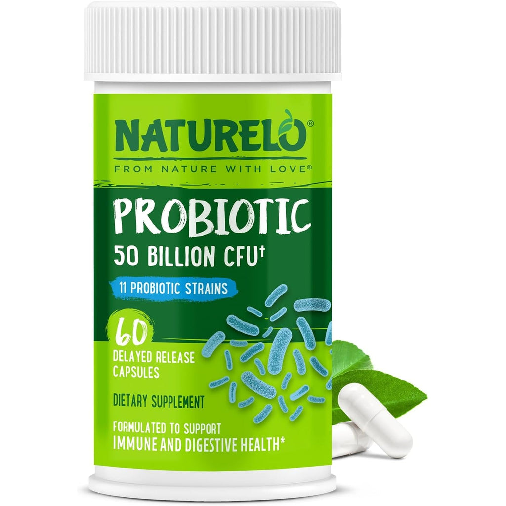 NATURELO Probiotics for Digestive Health, 50 Billion CFU, 60 Vegetarian Capsules, 11 Strains, Daily Use Supplement, Delayed Release, No-Fridge, Boosts Immune System, Probiotics for Women & Men