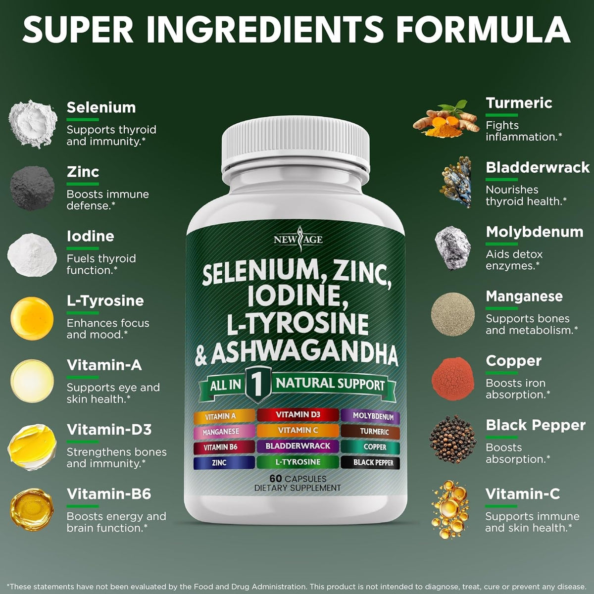 NEW AGE Selenium, Zinc, Iodine, L Tyrosine, Ashwagandha - Supplement for Women and Men with Bladderwrack, Turmeric, Silica Kelp, Schisandra - 120 Count