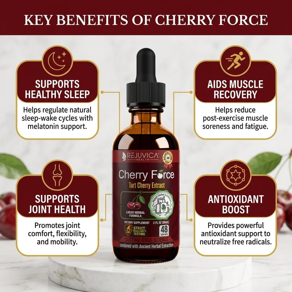 Rejuvica Health Cherry Force Montmorency Tart Cherry Liquid Drops 2 Fl Oz | Joint & Uric Acid Support | Helps with Inflammation, Sleep & Recovery | High Absorption Liquid Extract | Vegan Supplement