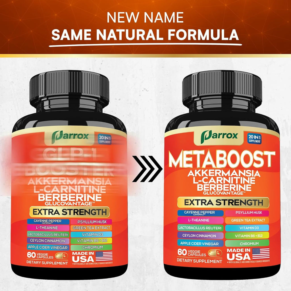 GLP-1 Booster Supplement, Akkermansia, L-Carnitine, Berberine (Glucovantage), Methylfolate, Methylated B12, Chromium, Capsimax, Psyllium Husk, Probiotics Vitamins D3, B6, 20-In-1 Plant-Based (60 Caps)