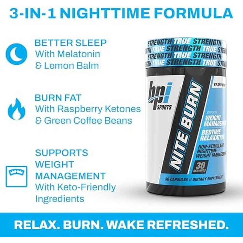 BPI Sports Nite Burn – Nighttime Fat Burner & Sleep Support – Keto-Friendly – Weight Loss, Burn Fat, Relaxation, Boost Metabolism – 30 Servings – 640Mg