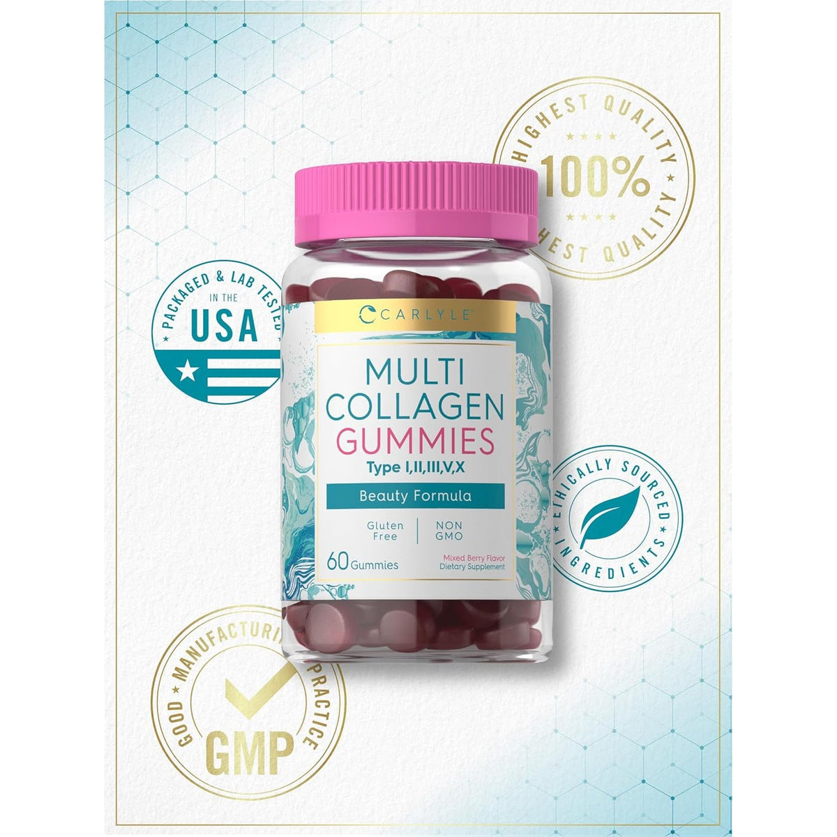 Carlyle Collagen Peptides Gummies | 60 Count | Multi Collagen Complex | Beauty Formula Supplement | Mixed Berry Flavor | Non-Gmo, Gluten Free