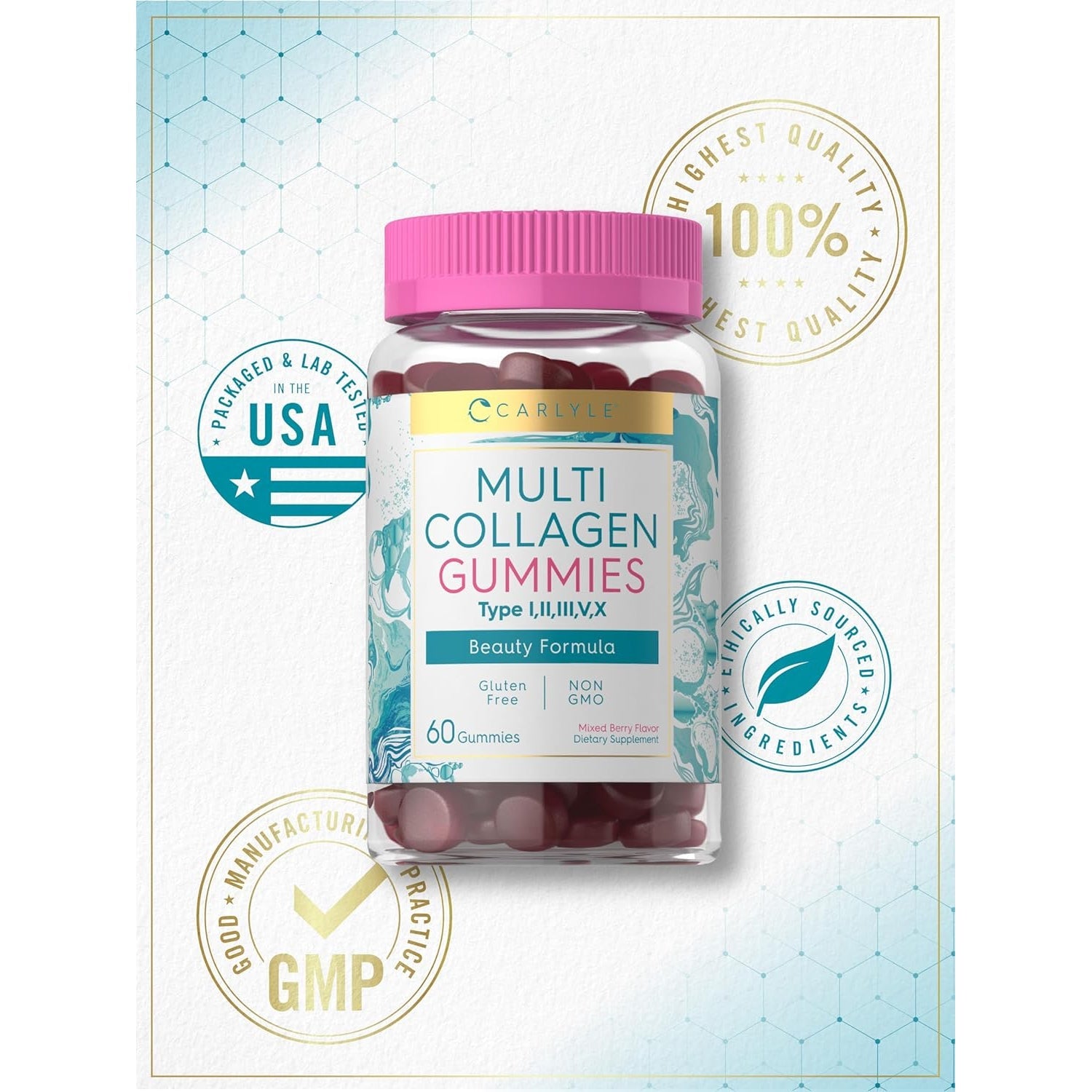 Carlyle Collagen Peptides Gummies | 60 Count | Multi Collagen Complex | Beauty Formula Supplement | Mixed Berry Flavor | Non-Gmo, Gluten Free