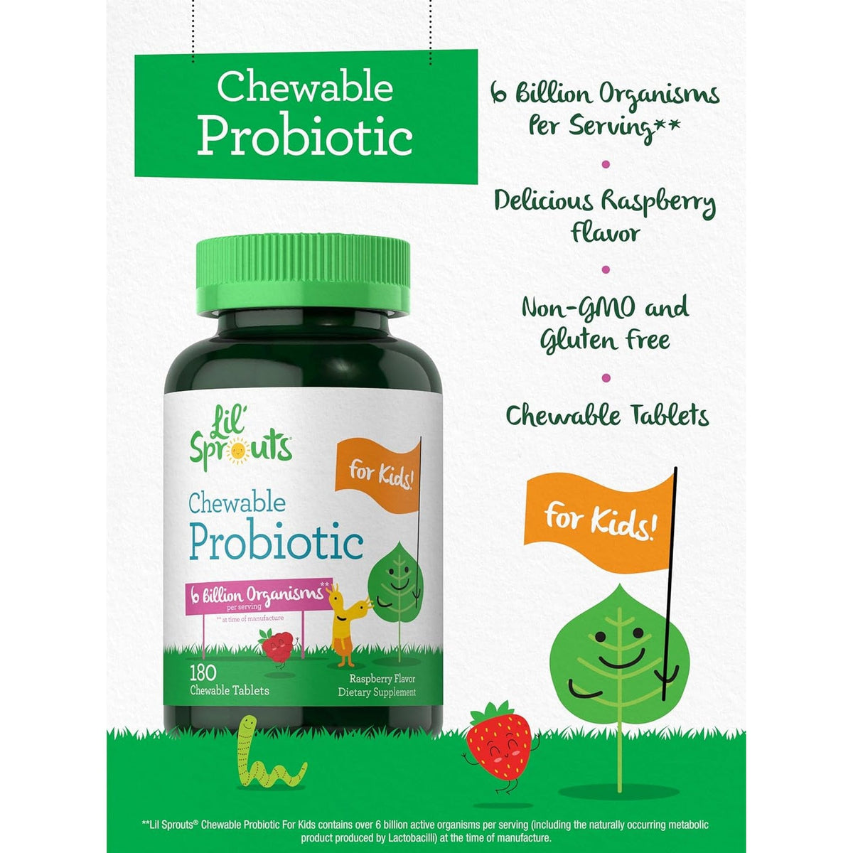 Carlyle Probiotics for Kids Chewable | 180 Count | 6 Billion Cfus | Raspberry Flavor | Non-Gmo & Gluten Free Supplement | by Lil' Sprouts