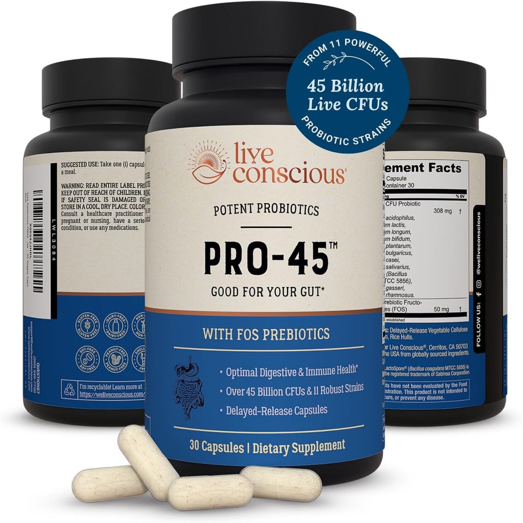 Live Conscious PRO45 Probiotics for Women & Men: Comprehensive Formula, 45 Billion CFU, 11 Strains, Dairy Free - W/Prebiotics and Probiotics - Promotes Immune & Gut Health - 30 Veggie Caps