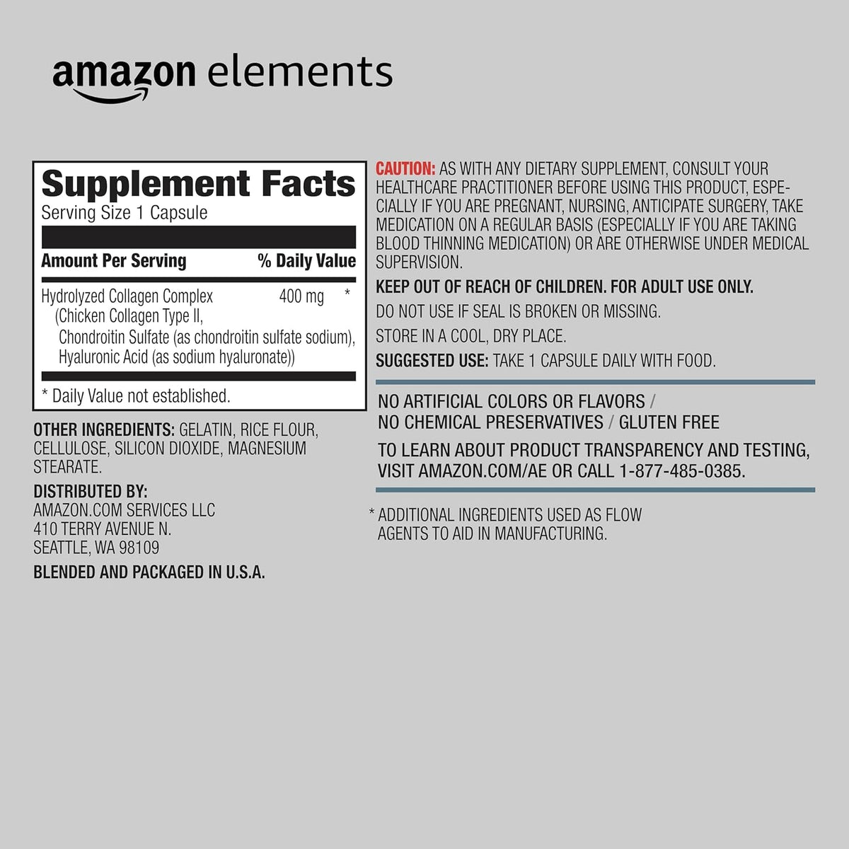 Amazon Elements Collagen Complex, Type II with Hyaluronic Acid, 90 Capsules, 3 Month Supply