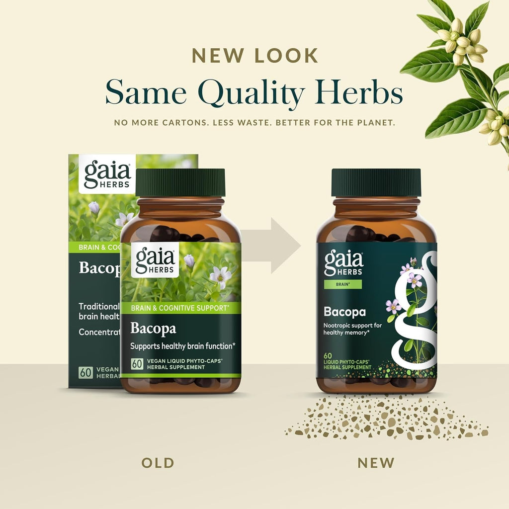 Gaia Herbs Bacopa - Brain & Cognitive Support Herbal Supplement - Made with Bacopa Monnieri to Help Support a Thriving Mind* - 60 Vegan Liquid Phyto-Capsules (60 Servings)