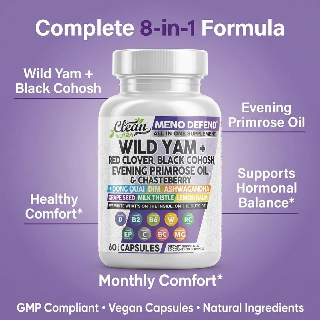 Clean Nutra Wild Yam Root Capsules with Red Clover Black Cohosh Evening Primrose Oil Chasteberry Dong Quai DIM Ashwagandha Grape Seed Extract Milk Thistle Lemon Balm and More Hormone Balance for Women