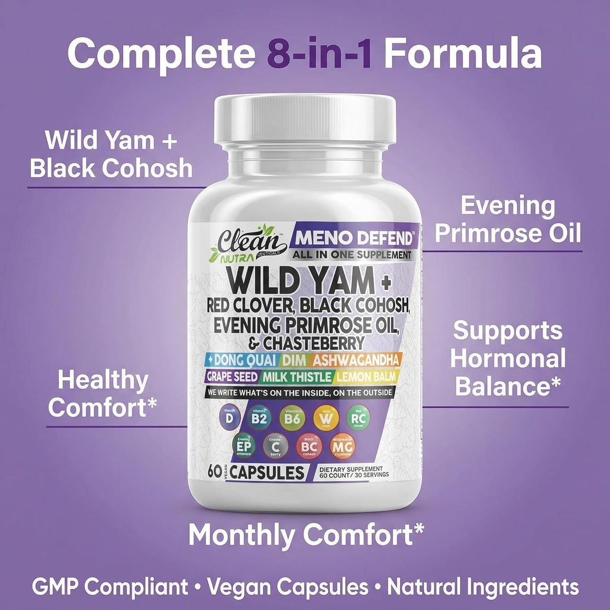 Clean Nutra Wild Yam Root Capsules with Red Clover Black Cohosh Evening Primrose Oil Chasteberry Dong Quai DIM Ashwagandha Grape Seed Extract Milk Thistle Lemon Balm and More Hormone Balance for Women