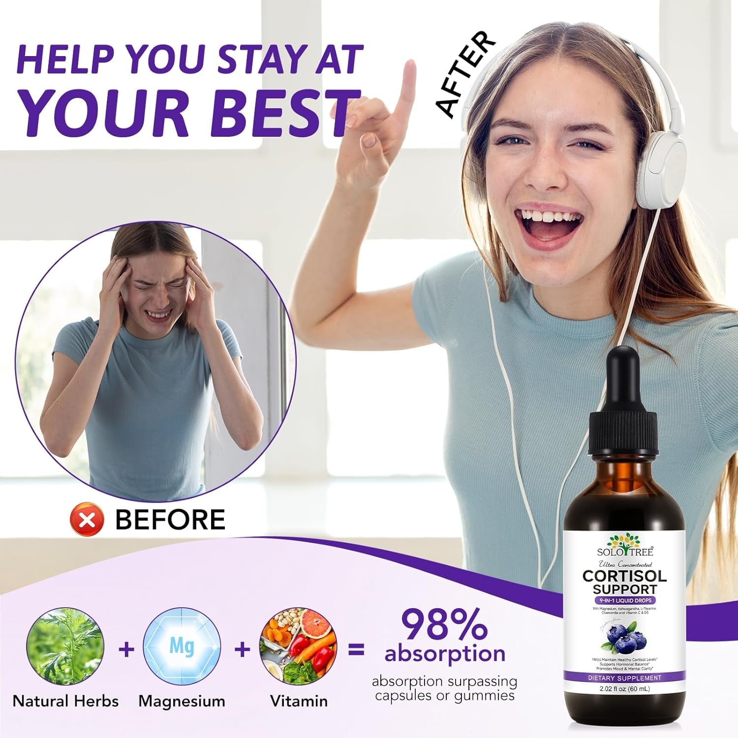 NIFEISHI Cortisol Reducer & Manager Liquid Drops for Women & Men | Cortisol Supplements with Ashwagandha & Magnesium | 9-In-1 Stress & Mood Support, Blueberry Flavor-2.02 Floz