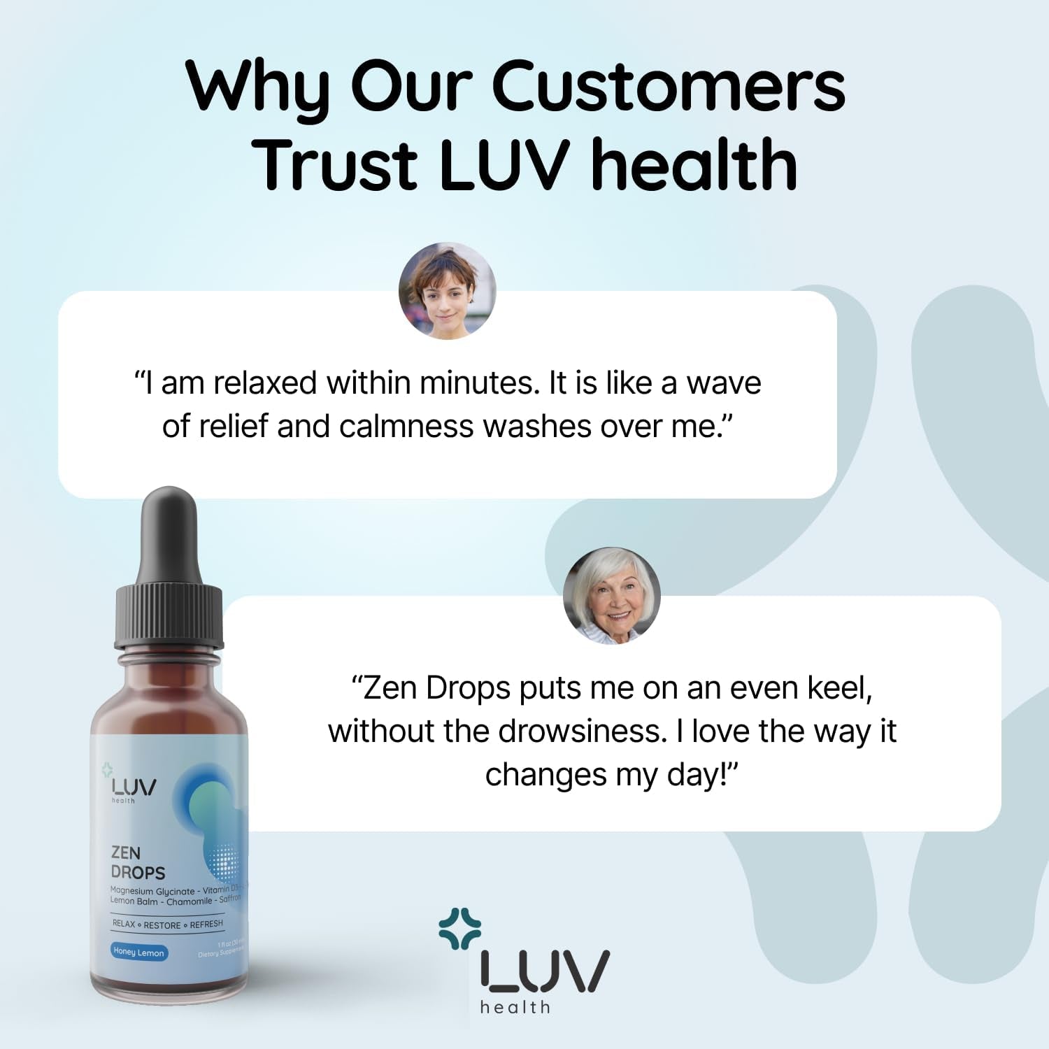 LUV Zen Drops: Anxiety and Stress Support Drops with Magnesium Glycinate, Vitamin D3, Lemon Balm, Chamomile, Saffron, L-Theanine. Keto, Vegan, USA Made, Non-Gmo, 30 Servings (1)