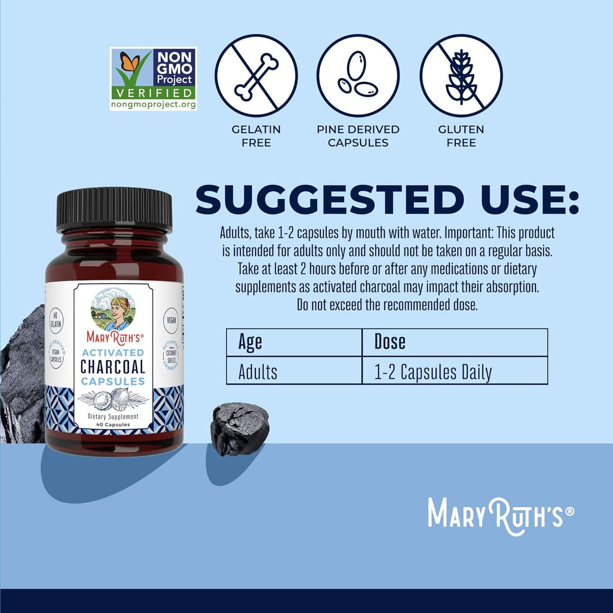 MARYRUTH'S Organics Activated Charcoal Capsules | Substance Adsorption | Derived from Coconut Shells | Vegan Capsules from Pine Trees | Non-Gmo | Gluten Free | 40 Count