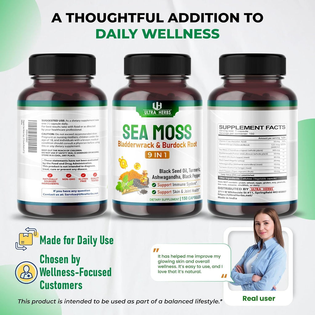 Organic Sea Moss Capsules with Black Seed Oil, Ashwagandha, Burdock Root, Bladderwrack for Immune System, Gut, Skin & Energy (150 Count (Pack of 1))