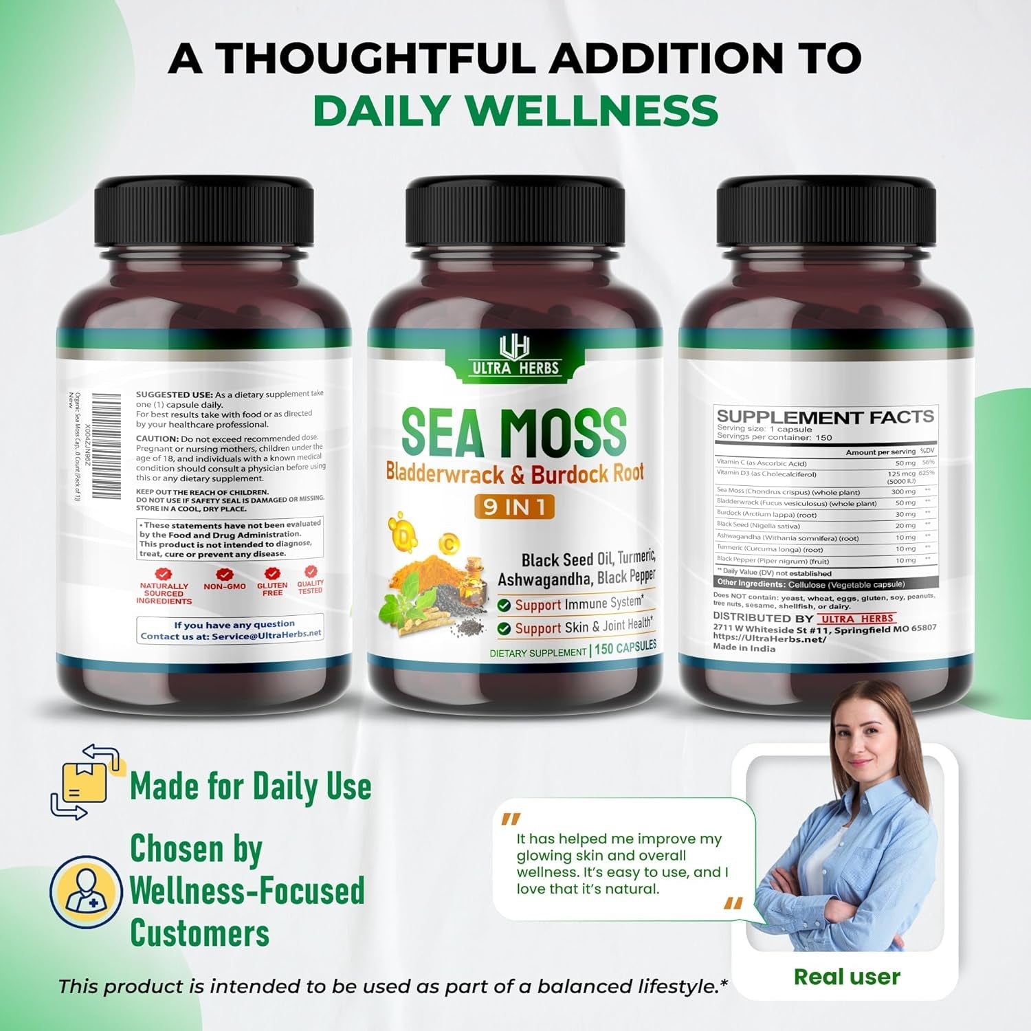 Organic Sea Moss Capsules with Black Seed Oil, Ashwagandha, Burdock Root, Bladderwrack for Immune System, Gut, Skin & Energy (150 Count (Pack of 1))