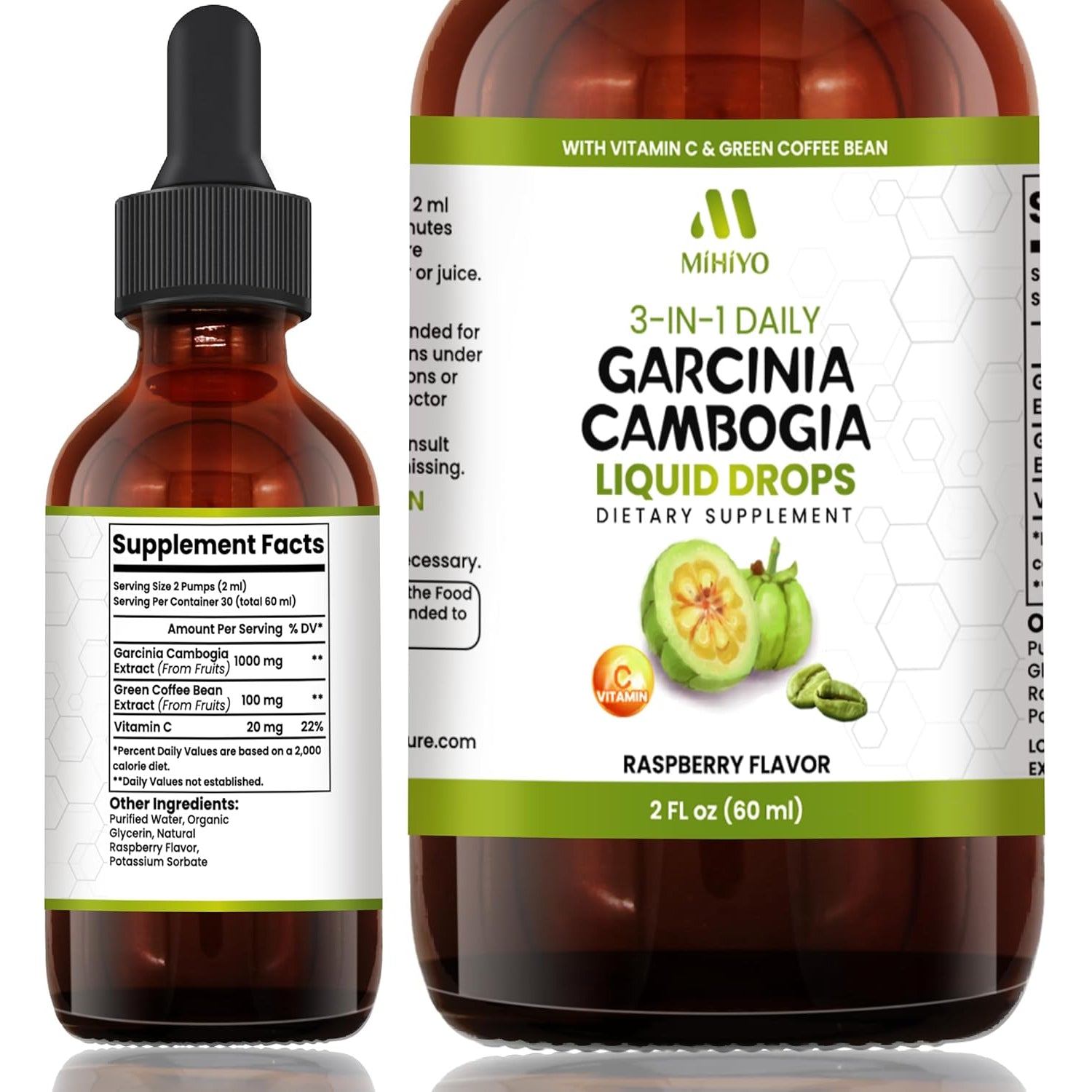 3-In-1 Garcinia Cambogia Liquid Drops - Natrual Extract with Green Coffee Bean & Vitamin C - Support Health and Wellness - Stronger than Pills & Capsules - Natural Raspberry Flavor - 2 Fl Oz (60 Ml)