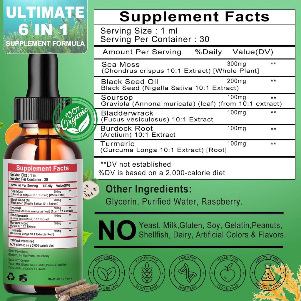 Sea Moss Black Seed Oil Soursop Liquid Drops with Bladderwrack Burdock Root Turmeric - Multimineral & Vitamins Superfood Drops Organic Non-Gmo for Immune & Digestive & Cell Support Skin Hair
