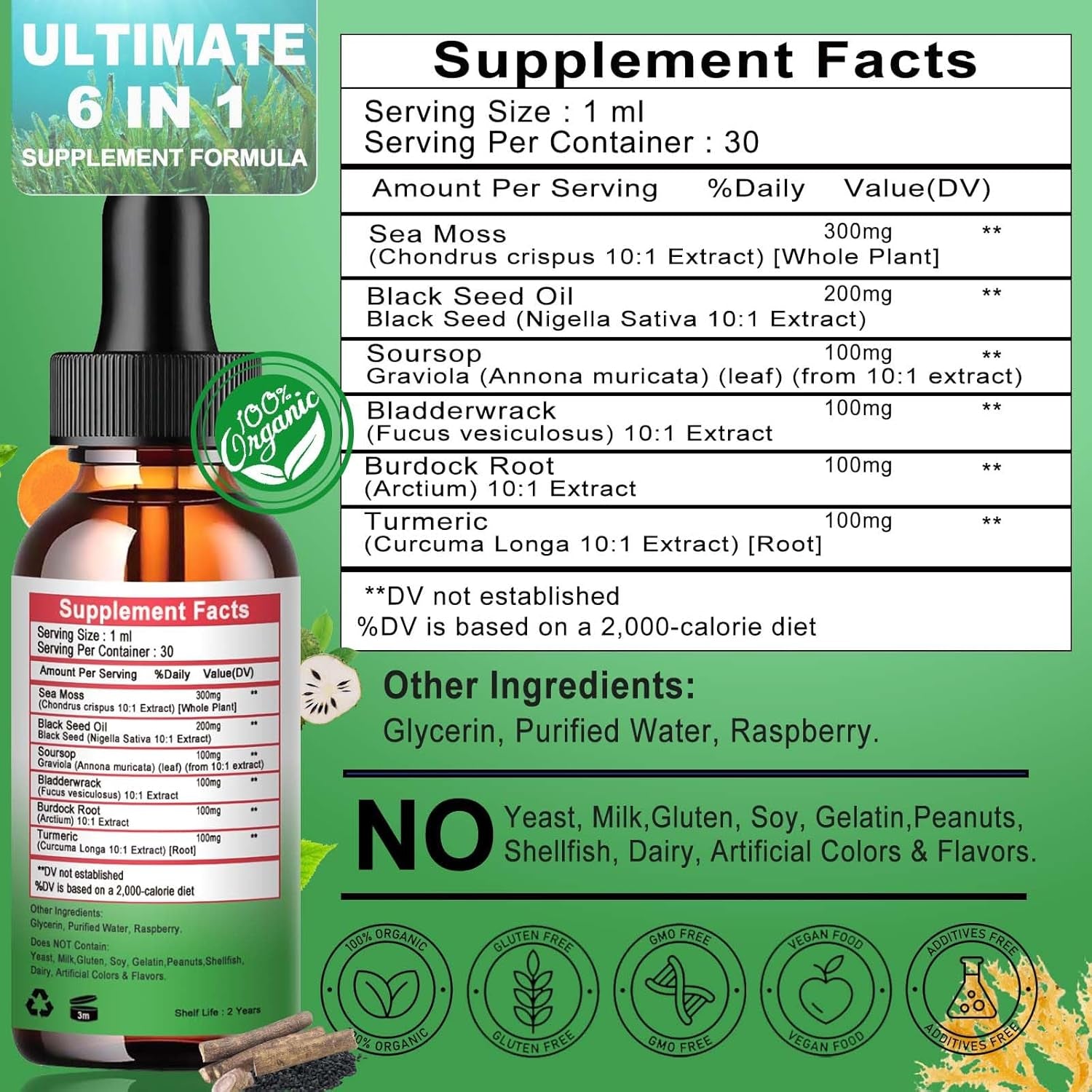 Sea Moss Black Seed Oil Soursop Liquid Drops with Bladderwrack Burdock Root Turmeric - Multimineral & Vitamins Superfood Drops Organic Non-Gmo for Immune & Digestive & Cell Support Skin Hair
