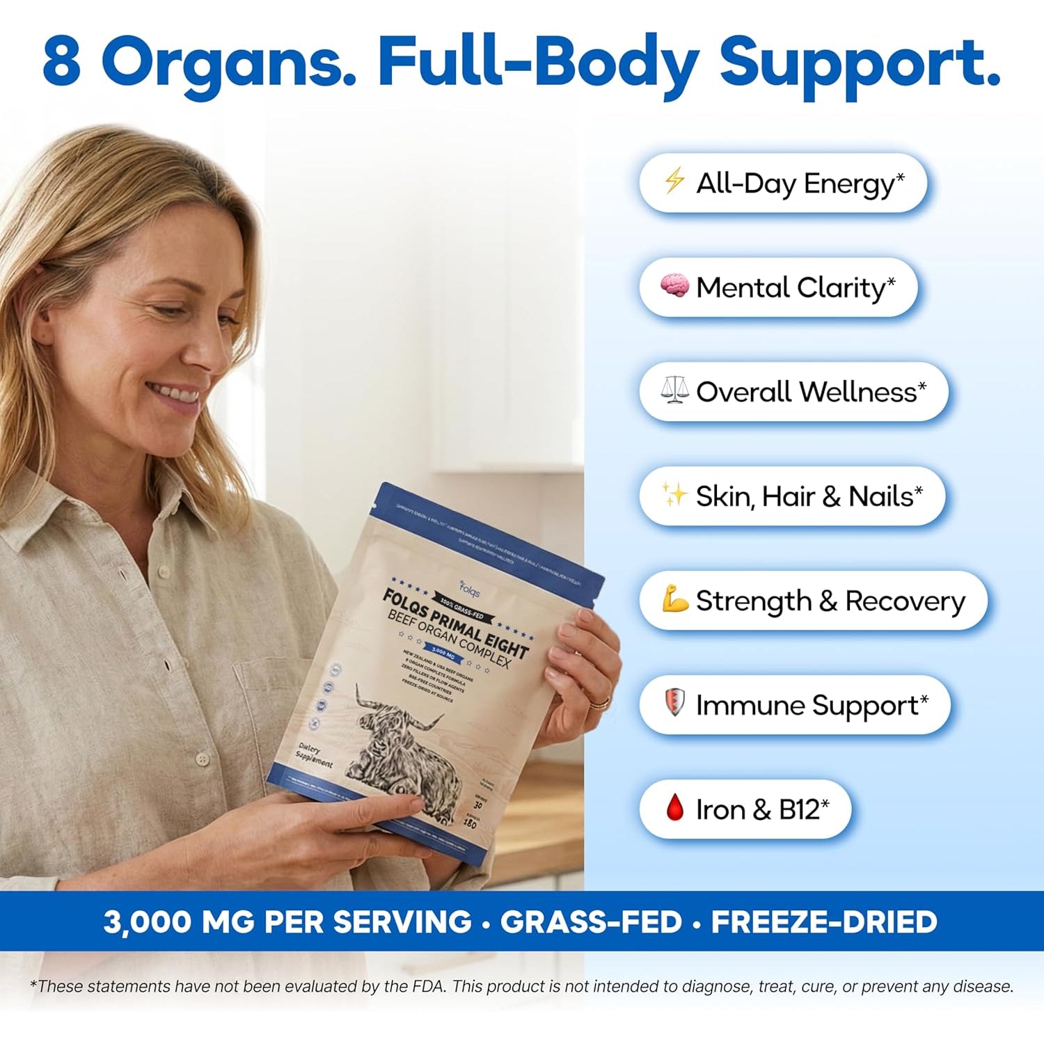 Grass Fed Beef Organ Supplement 3000Mg (8 Organs) - Bone Marrow, Thymus, Liver, Heart, Kidney, Trachea, Spleen, Lung - Freeze-Dried - 120 Capsules (30 Servings)
