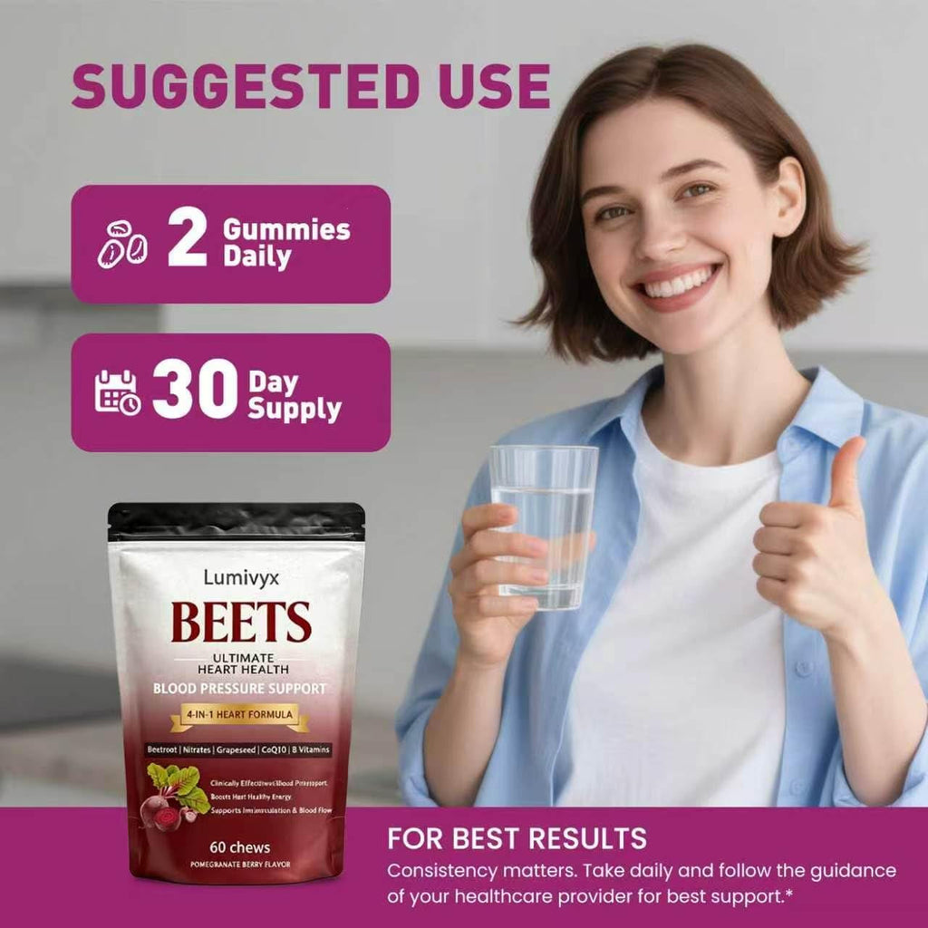 Beet Chews, Beets Chews the 3-In-1，With 500Mg Beetroot, 100Mg Coq10 & 150Mg Grape Seed Extract，60 Count