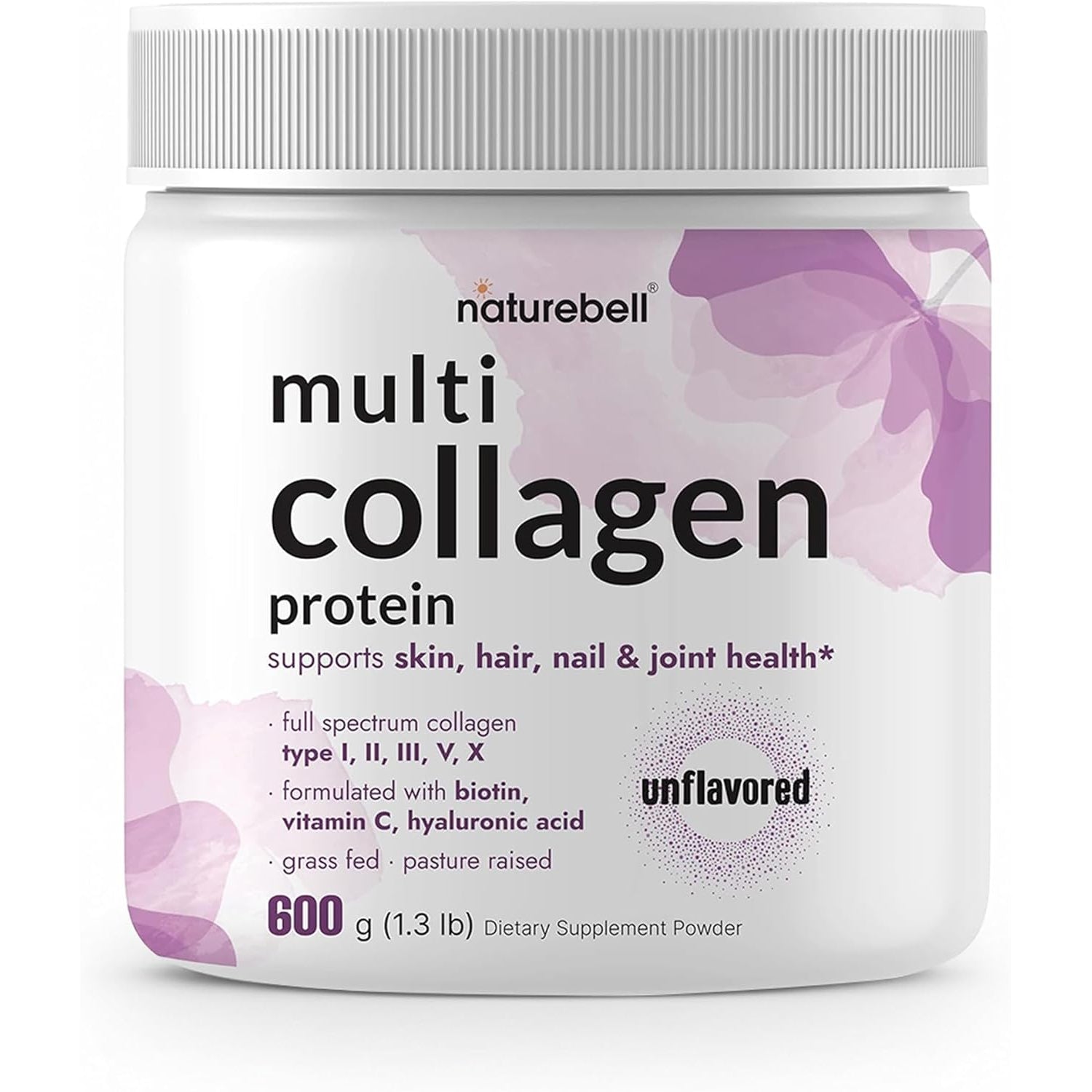 Naturebell Multi Collagen Protein Powder - 600G - Hydrolyzed Collagen Peptides - for Skin, Hair, Nail, Joint & Bone Health Support* - Grass-Fed & Keto-Friendly - Unflavored