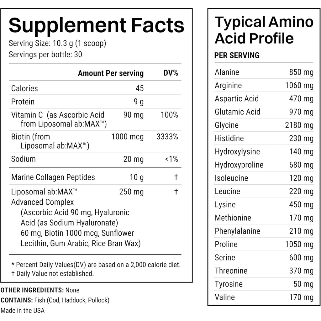 Haroutine Advanced Marine Collagen Peptides Powder + Liposomal Vitamin C, Hyaluronic Acid & Biotin, Type I Collagen Supplement for Skin, Hair, Nails, Joint & Gut Health, Unflavored-Packaging May Vary