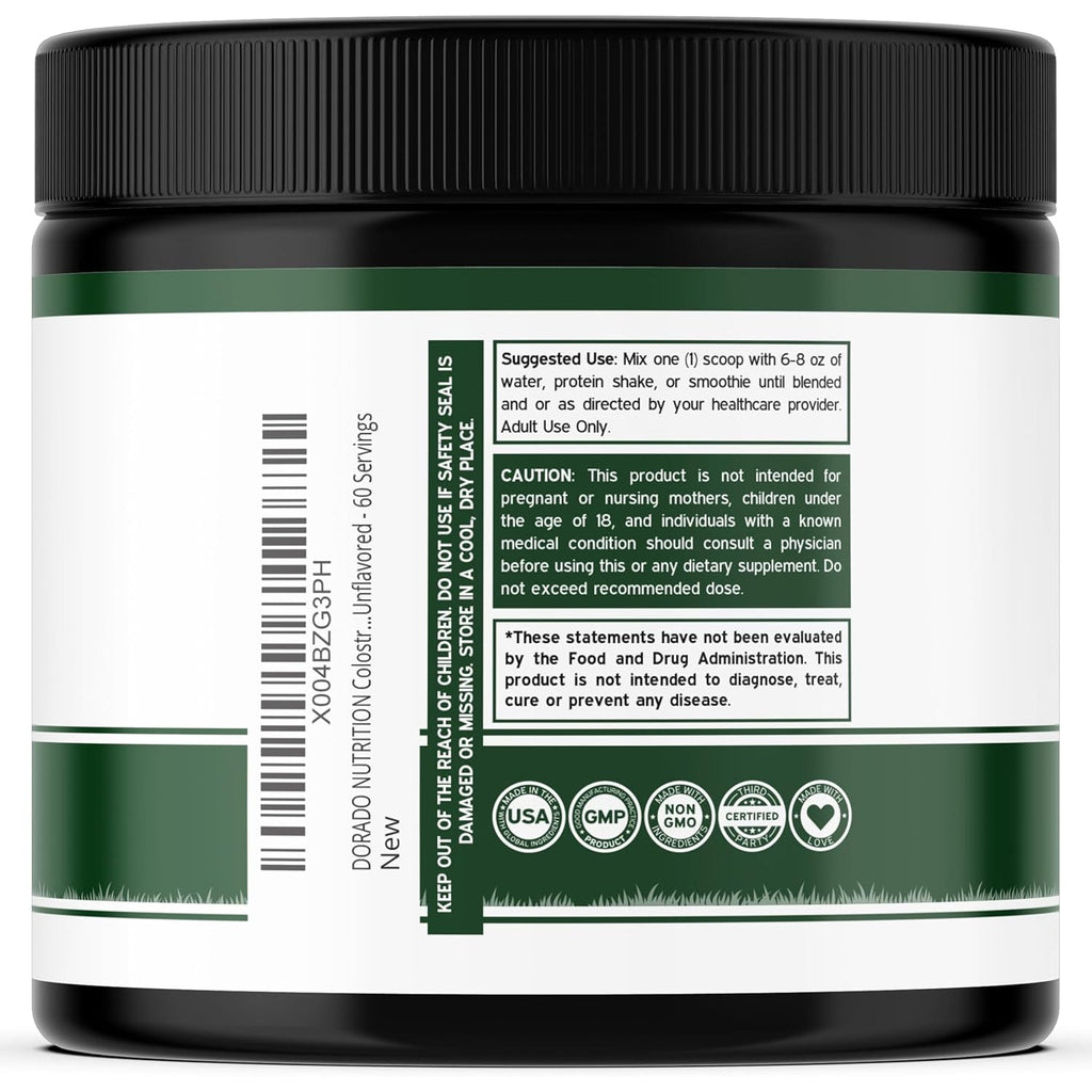 Colostrum Supplement Powder 90G (60 Servings of 1.5G Pure Bovine Colostrum Std. to Contain 20% Igg Immunoglobulins) Grass Fed Powder - No Fillers, Third Party Tested, Unflavored & Non-Gmo