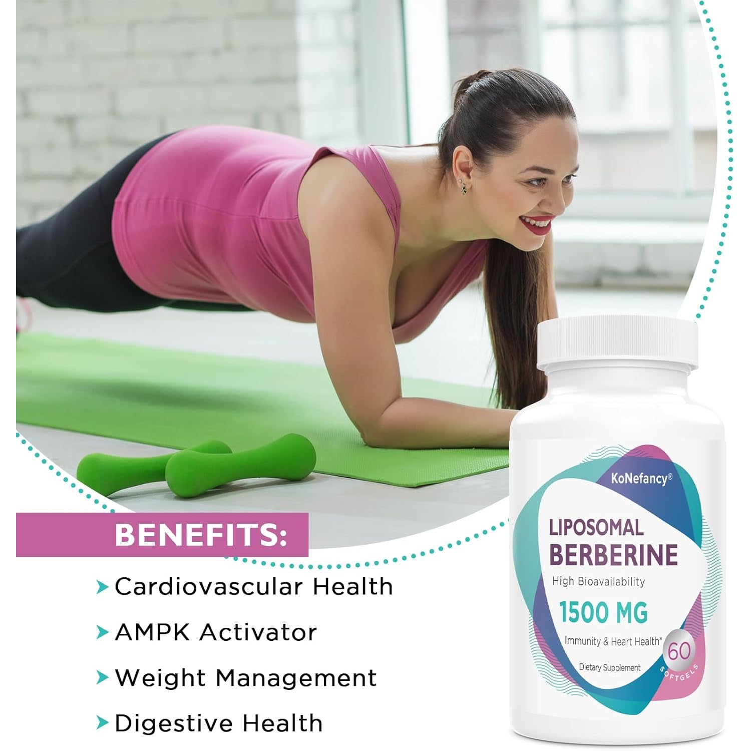 Konefancy Berberine HCL Supplement 1500Mg - Third Party Tested, High Bioavailability Liposomal Berberine Capsules for Women and Men, GLP-1 Support and AMPK Activator, Non-Gmo, Sugar-Free,60 Softgels