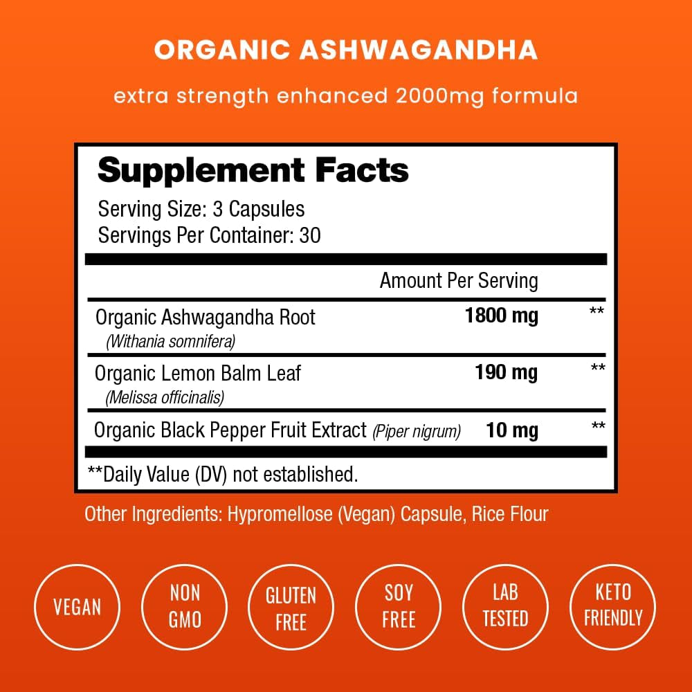 Nutrachamps Organic Ashwagandha Capsules, 2000Mg Adrenal Fatigue, Thyroid & Mood Support Ashwagandha Supplements, Ashwagandha Root Powder & Lemon Balm, Superior Absorption with Black Pepper