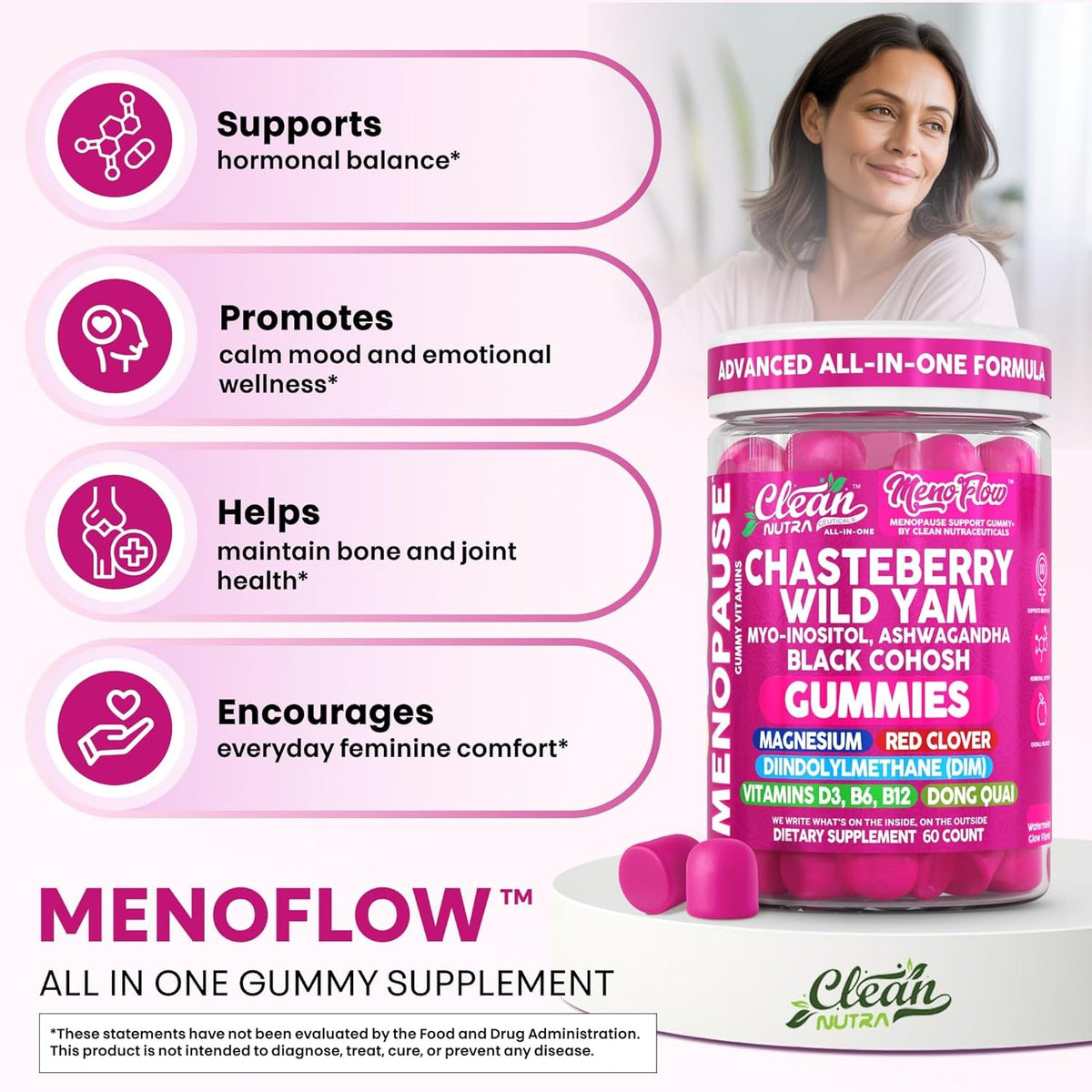Clean Nutra Menopause Supplements for Women Chastberry Wild Yam Gummies Inositol Black Cohosh Magnesium Red Clover DIM Supplement B6 Magnesium Glycinate Glycine Vitex Hormone Balance Gummy Vitamins