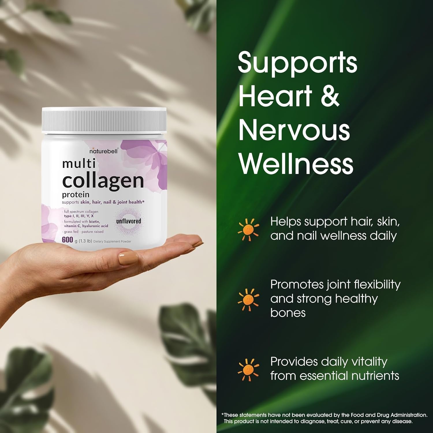 Naturebell Multi Collagen Protein Powder - 600G - Hydrolyzed Collagen Peptides - for Skin, Hair, Nail, Joint & Bone Health Support* - Grass-Fed & Keto-Friendly - Unflavored
