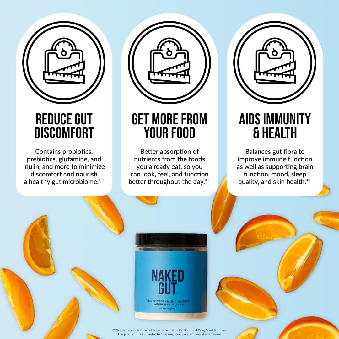 NAKED Gut - Daily Gut Health Supplement - Natural Gut Health Powder for Gut Cleanse, Digestive Support, Gmo-Free, Soy-Free, Gluten-Free, Vegan and Hypoallergenic, 40 Servings