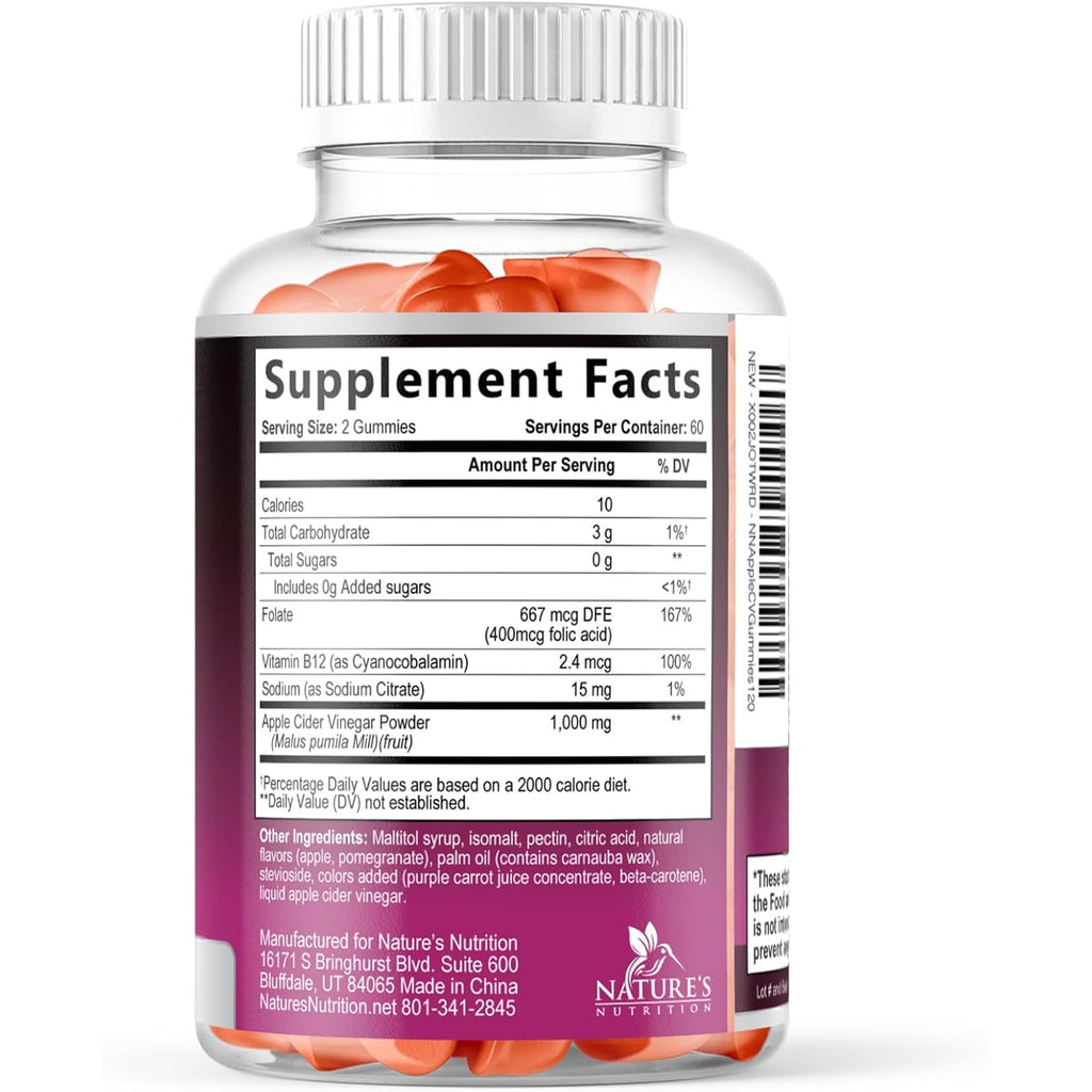 Apple Cider Vinegar Gummies for Weight Loss - Sugar Free - Max Strength ACV Gummy with Vitamin B12 & the Mother - Metabolism & Energy Support - Vegan Apple Cider Vinegar Gummy Supplement - 120 Gummies