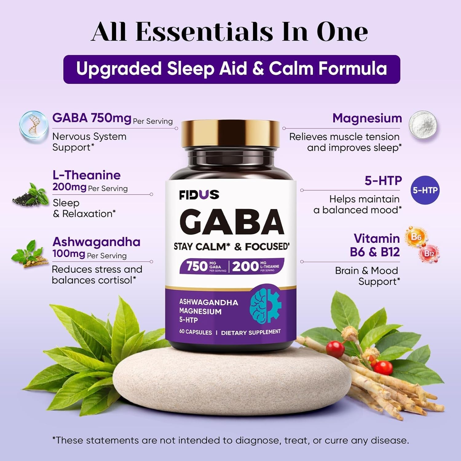 GABA L-Theanine Ashwagandha - 1050Mg Blend - Made in USA - Advanced Sleep Aid & Calm- Magnesium, 5-HTP, Vitamin B6 & B12, GABA (Gamma Aminobutyric Acid) Supplement - Melatonin-Free & Non-Habit Forming
