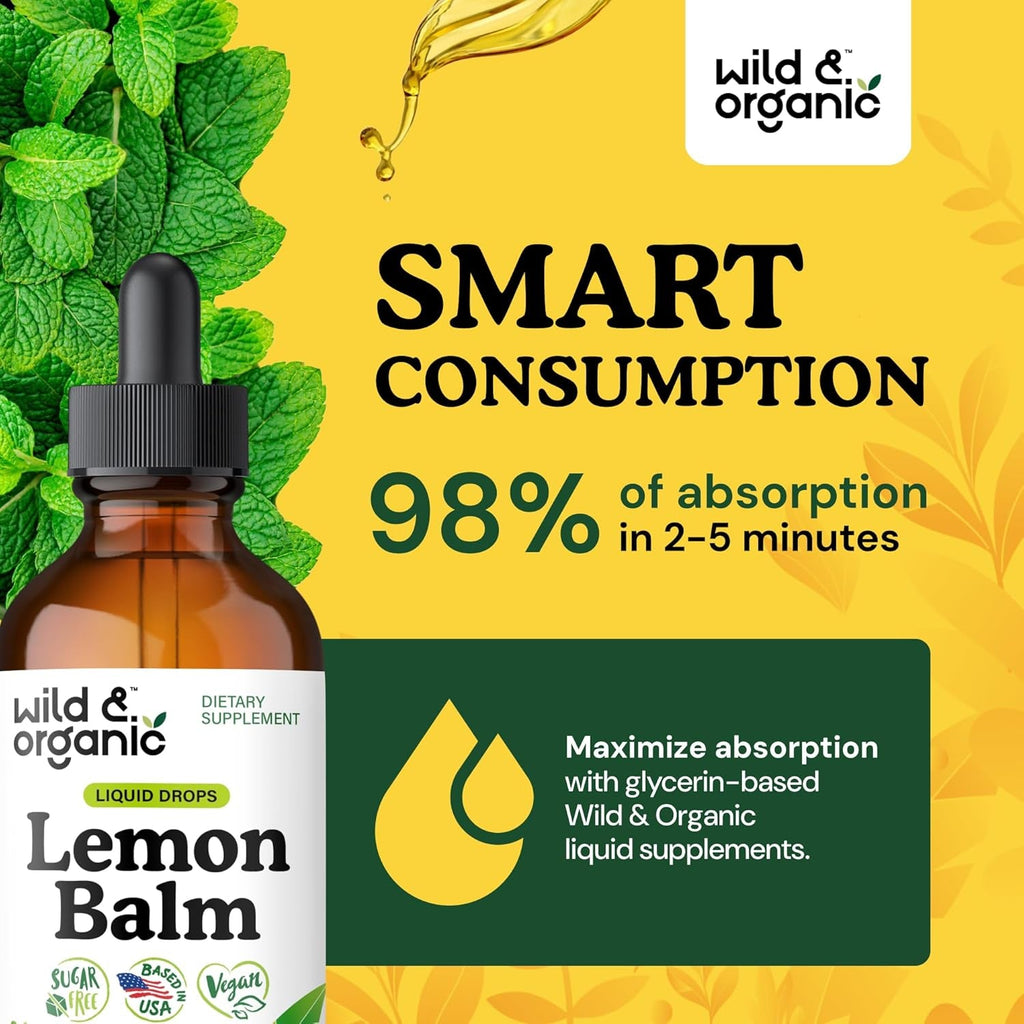 Wild & Organic Lemon Balm Tincture - Good Mood Support - Melissa Lemon Balm Extract Drops - Add to Tea for Relaxation - Vegan, Sugar & Alcohol-Free Leaf Supplement - 4 Fl Oz