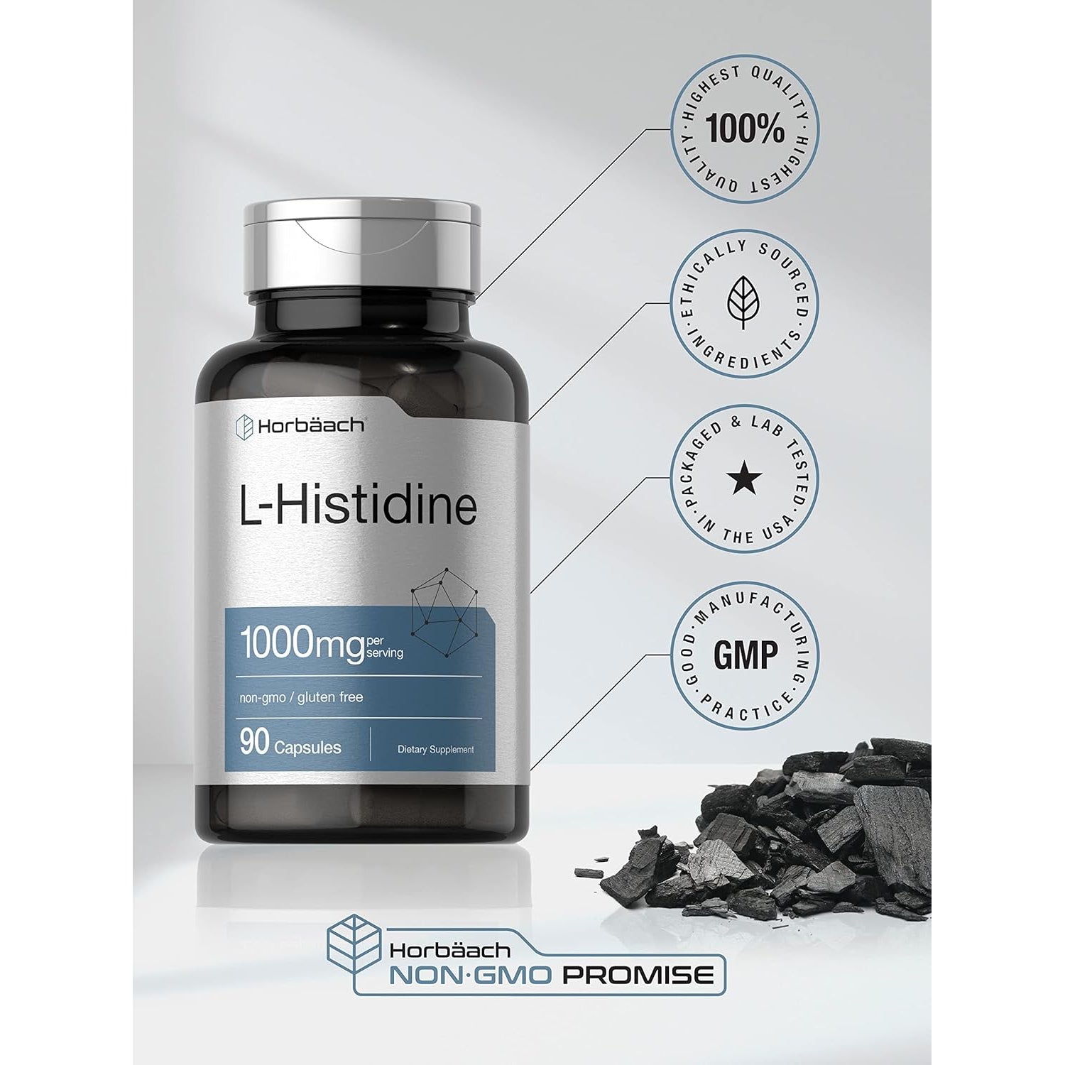 Horbäach L-Histidine 1000Mg 90 Capsules | Non-Gmo and Gluten Free | Pharmaceutical Grade
