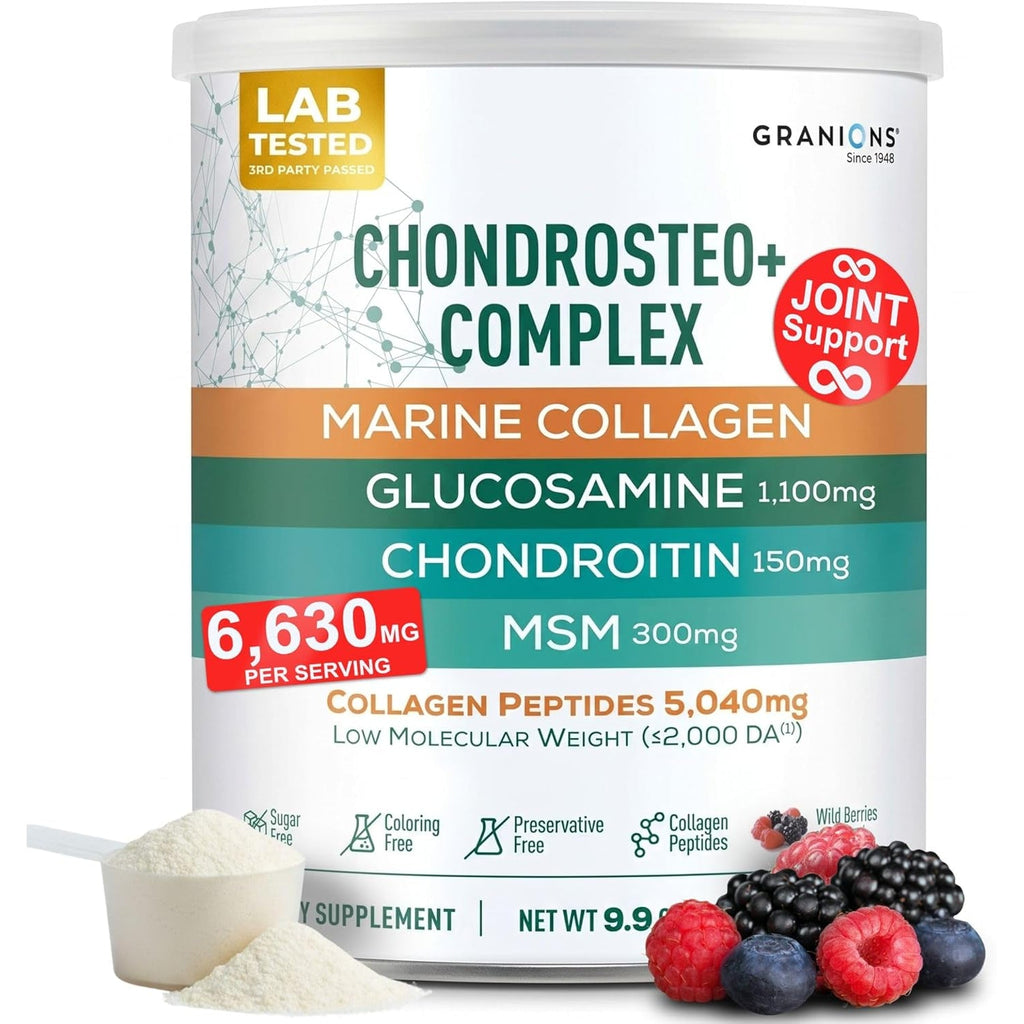 Granions Glucosamine Chondroitin MSM Powder 6,630Mg - Joint Supplements for Men and Women - Chondrosteo, Hydrolyzed Marine Collagen Peptides, Essential Vitamins Glucosamine Complex - Wild Berry 9.9Oz