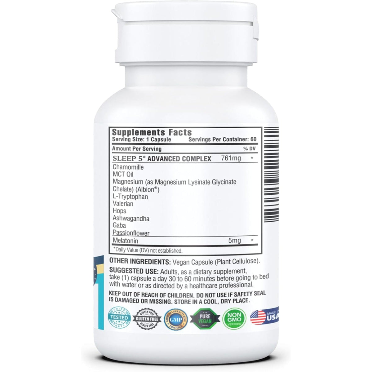 KAPPA NUTRITION Sleep 5, Sleep Aid, 5Mg of Melatonin, 60-Day Supply, Non-Habit Forming Vegan Capsules Natural Ingredients for Easier Bedtime, Herbal Supplement, Valerian Root, Chamomile Non-Gmo