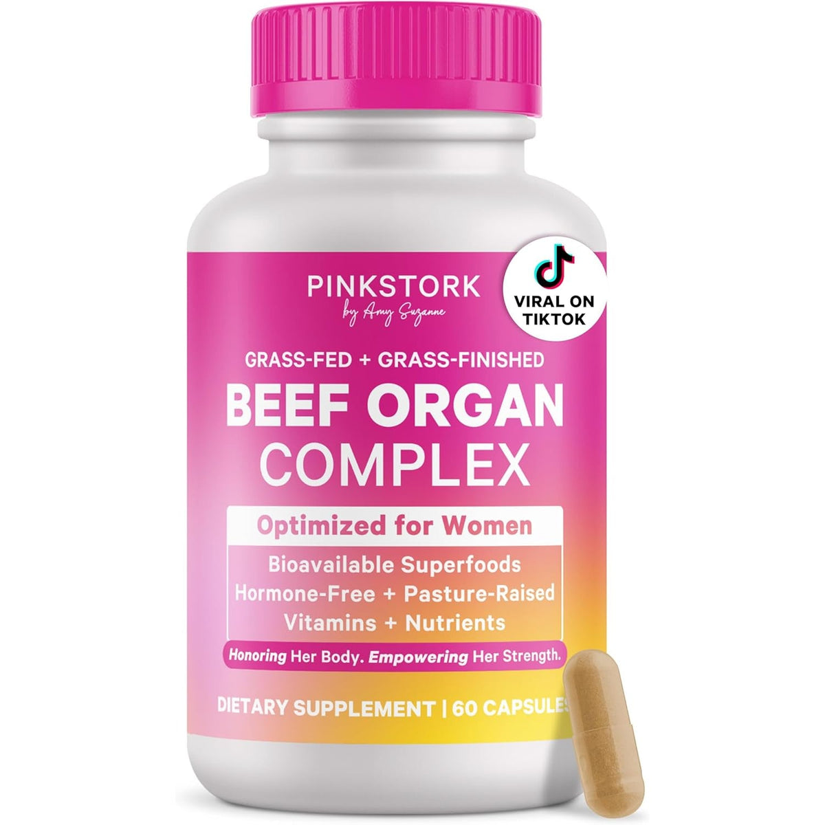 Pink Stork Beef Organ Supplement for Women | Grass-Fed Beef Liver Capsules with Iron, B12, Coq10, Vitamin a | Primal Multivitamin for Hormone + Energy Support | Clean Label Award Winner | 60 Capsules