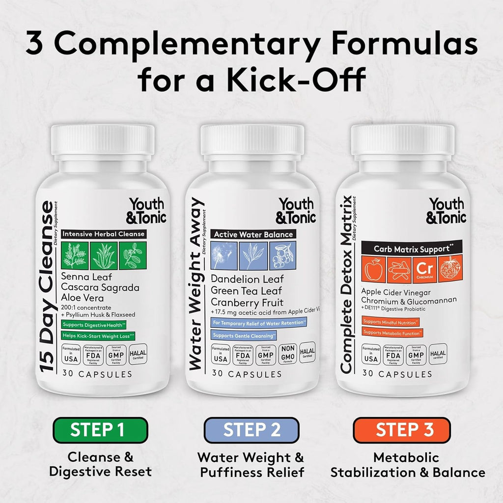 Youth & Tonic 3Pk Detox Cleanse Kick-Off - Colon Cleanser & Water Loss Support - 15 Day Weight Management for Bloating & Water Retention Relief, Body, Gut & Colon Cleanse - 90 Capsules for Women & Men