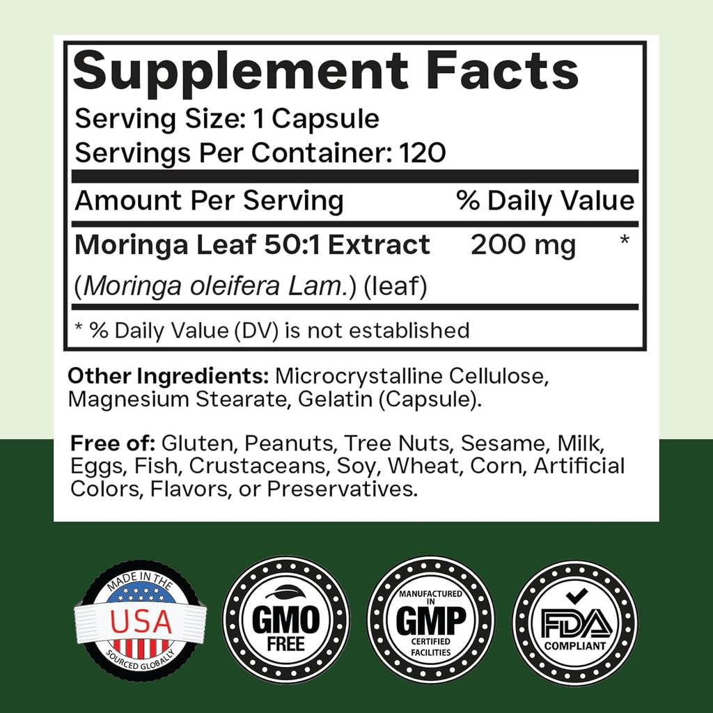 Tnvitamins Moringa 120 Capsules | High Potency Moringa Leaf Extract Superfood Supplement for Energy, Vitality & Antioxidant Support