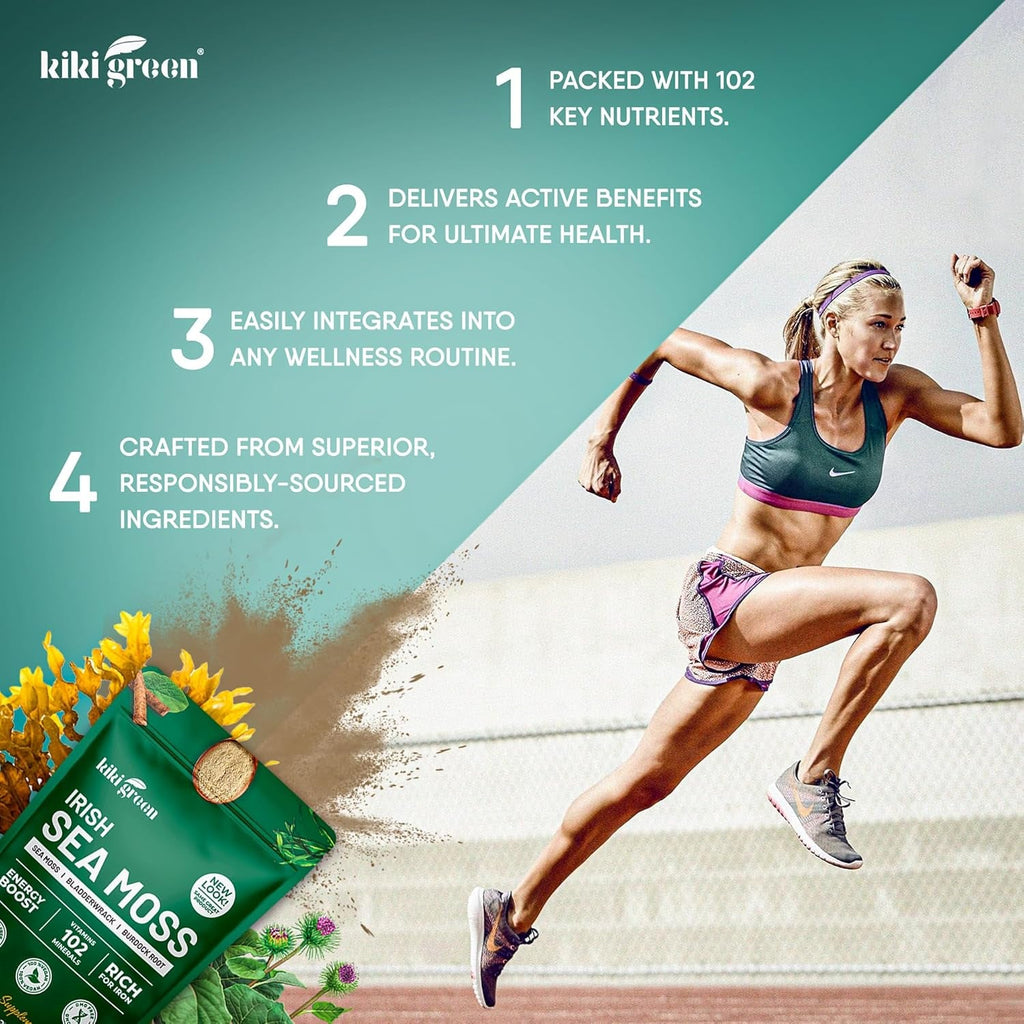 KIKI Green Irish Sea Moss Powder 8 Oz - with Bladderwrack Burdock Root Extract for Immune Support - Keto, Vegan Supplement