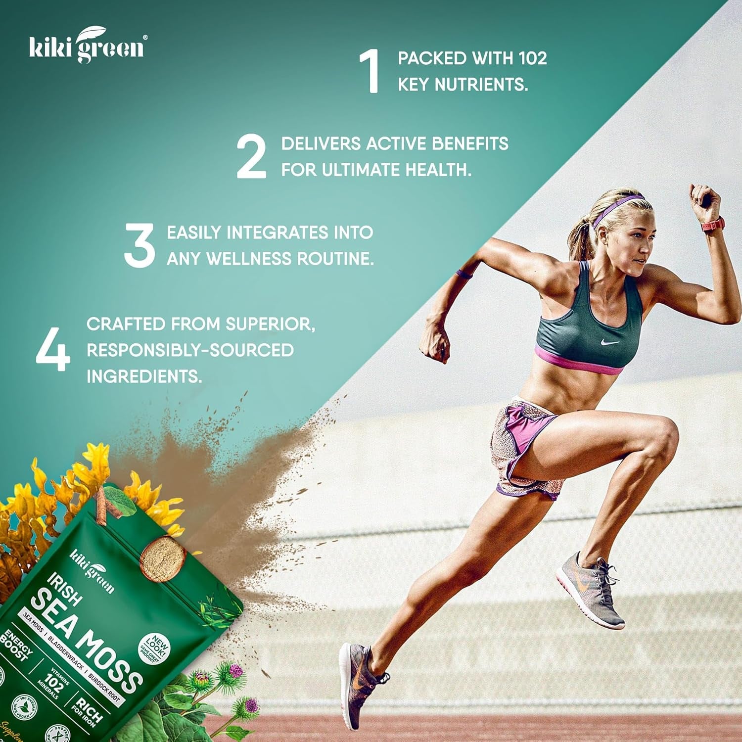 KIKI Green Irish Sea Moss Powder 8 Oz - with Bladderwrack Burdock Root Extract for Immune Support - Keto, Vegan Supplement