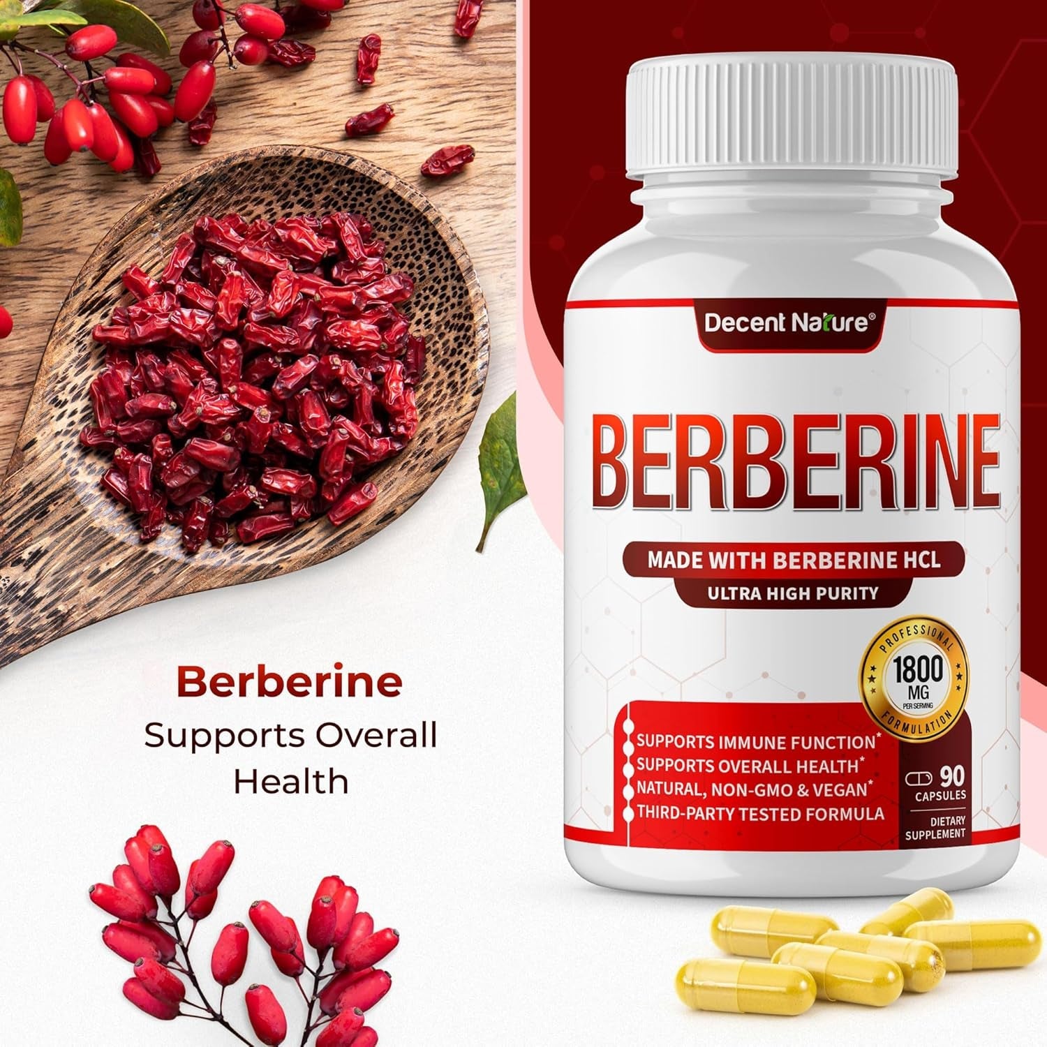 Berberine Supplement 1800Mg - Premium Berberine Hcl 97% High Purity, Supports Immune System, High Potency Hydrochloride & Extract, Activates AMPK & GLP-1, Non-Gmo Vegan, for Men Woman 90 Capsules