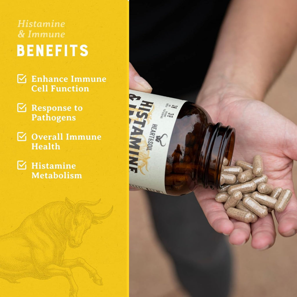 HEART & SOIL – 100% Grass Fed & Finished Histamine & Immune Support Supplement from Regenerative Cattle with Thymus, Lung, Spleen, Liver, & Kidney – Immune Defense – Glass Bottle – 180 Capsules