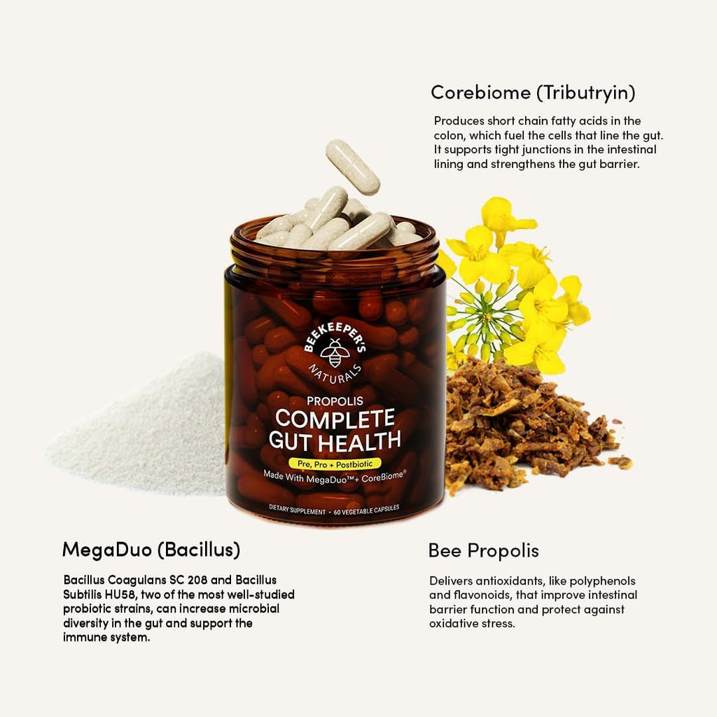 Complete Gut Health by Beekeeper'S Naturals, 3-In-1 Prebiotic, Postbiotic, Probiotics for Digestive Health & Bloating Relief for Women & Men, Propolis Powered, Gluten-Free Vegan Capsules, 60Ct