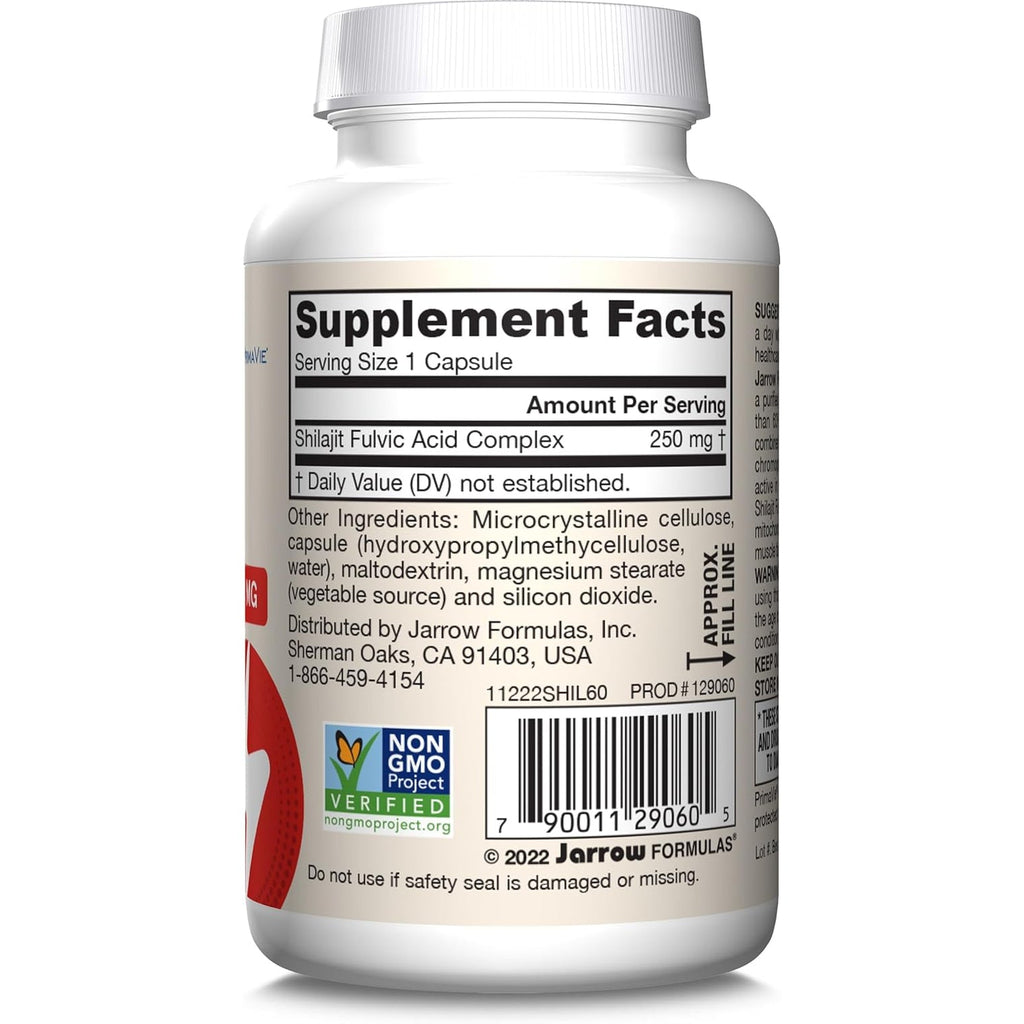 Jarrow Formulas® Shilajit 250 Mg, Dietary Supplement, Shilajit Acid Complex for Cellular Energy Production, 60 Veggie Capsules, 60 Day Supply