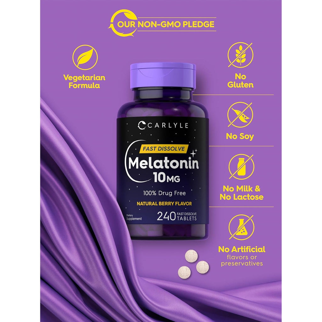 Carlyle Melatonin 10Mg Fast Dissolve Tablets | 240 Count | Berry Flavor | 100% Drug Free | Vegetarian, Non-Gmo, Gluten Free Supplement