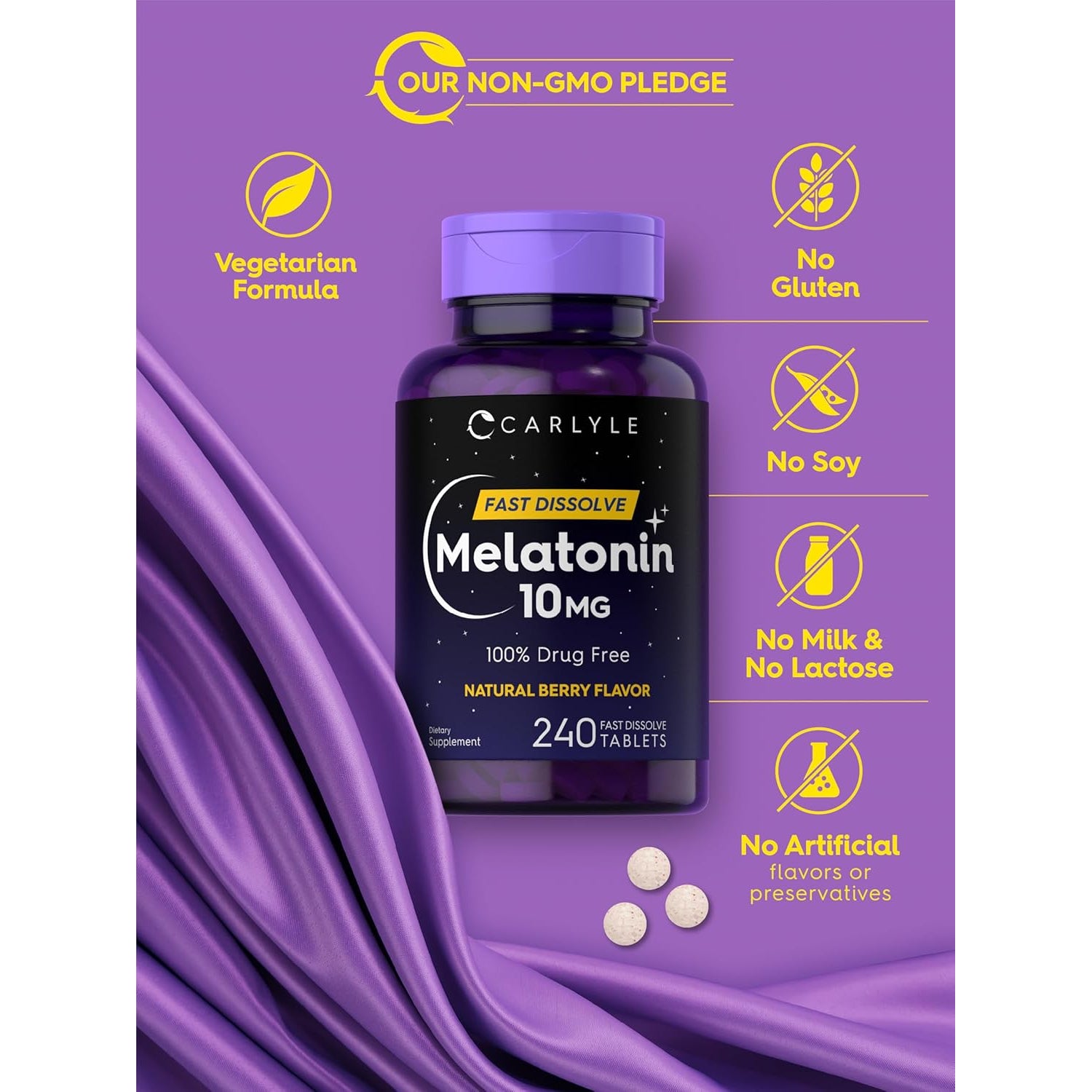 Carlyle Melatonin 10Mg Fast Dissolve Tablets | 240 Count | Berry Flavor | 100% Drug Free | Vegetarian, Non-Gmo, Gluten Free Supplement