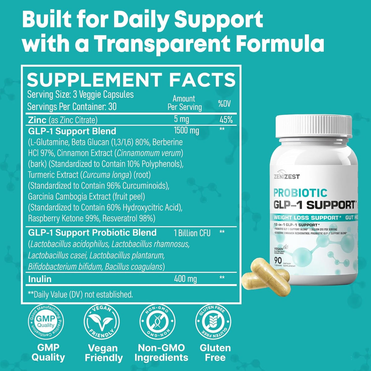 GLP-1 Support Probiotic Weight Loss Support Supplement with Berberine - Women Men - Natural Daily Oral GLP1 Support Appetite Suppressant Hunger Control Metabolism Fat Burn & Gut Health