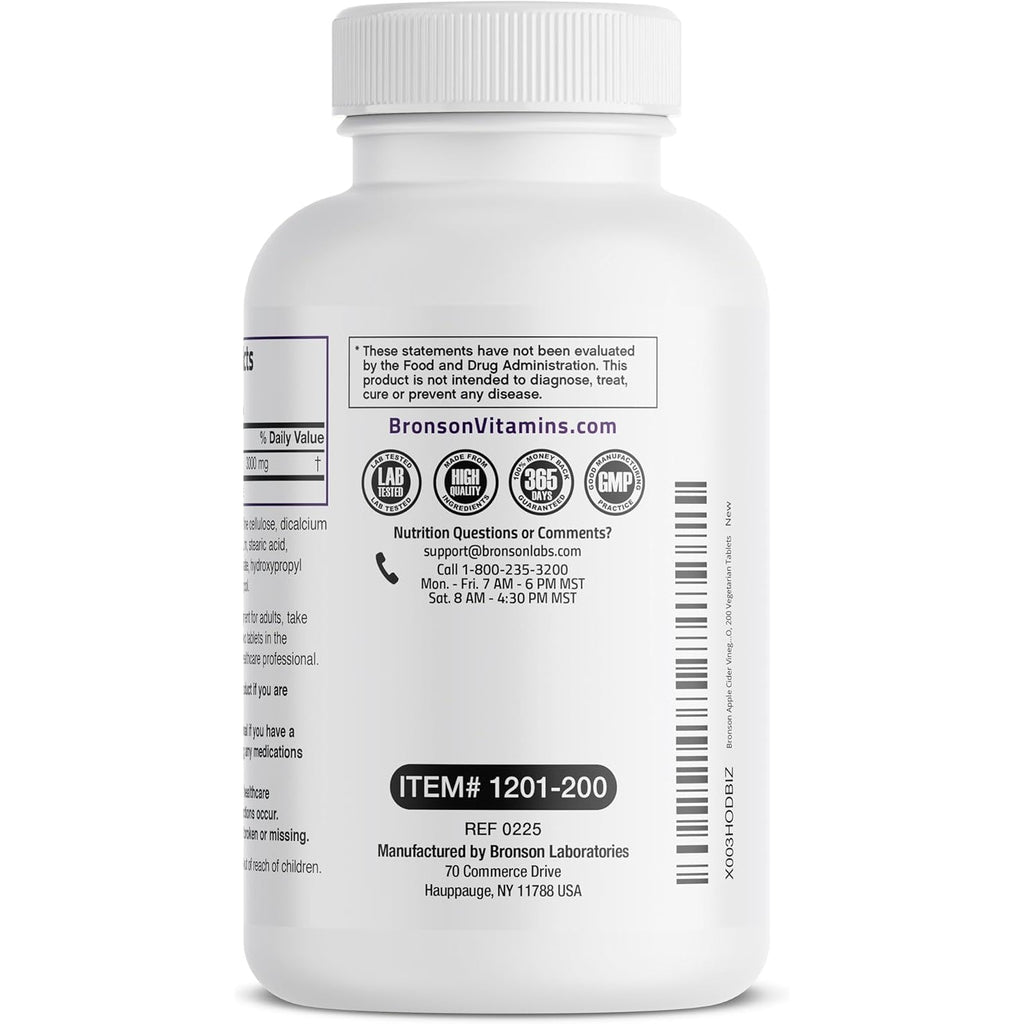Bronson Apple Cider Vinegar 3000 MG per Serving Extra Strength - Non-Gmo, 200 Vegetarian Tablets
